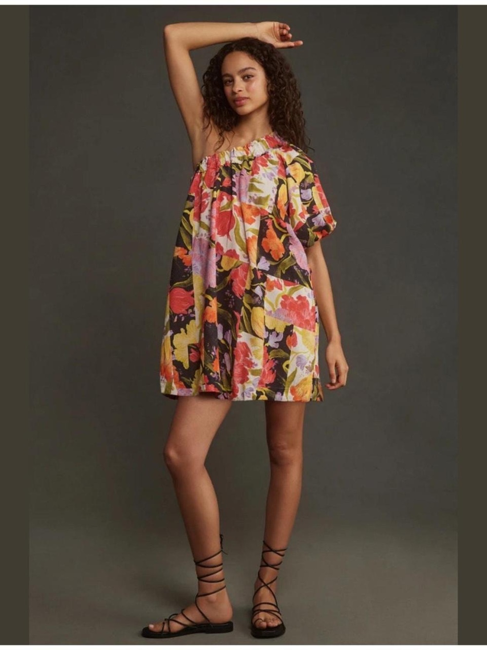 Anthropologie Floral One-Shoulder Mini Dress in Black, Pink, Yellow, Orange